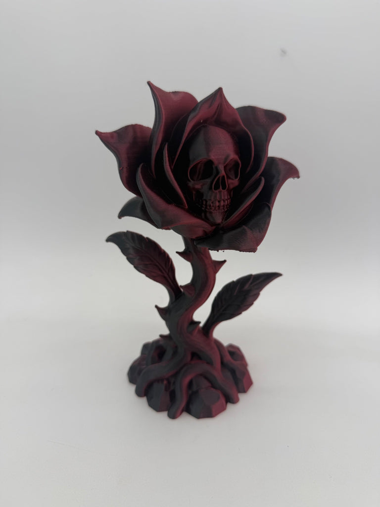 Burgundy and black skull rose statue