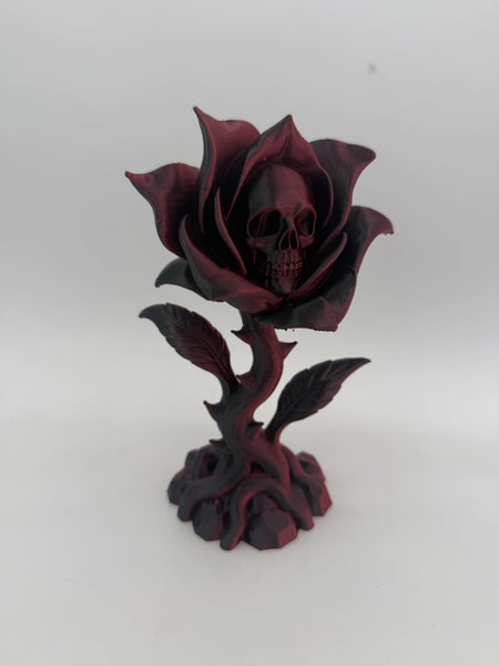 Burgundy and black skull rose statue